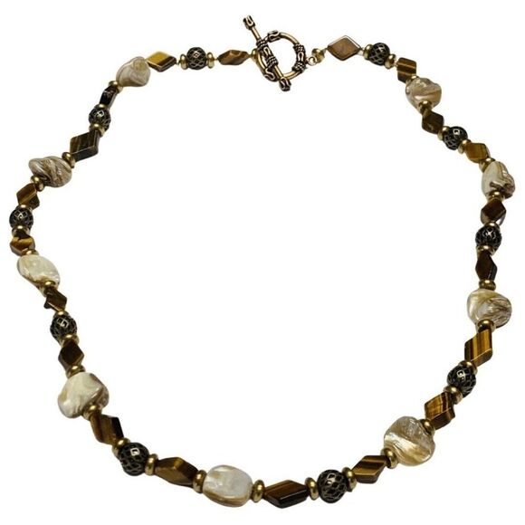 Vintage Abalone Shell Tiger Eye Beaded Brass Chain Summer Necklace 22in - Picture 1 of 7